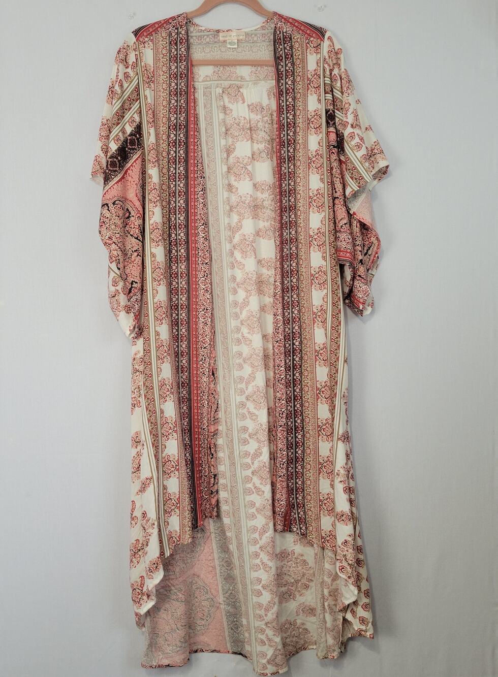 Band of Gypsies Mixed Print Open Front Longline Kimono Top sz M Pink Boho Hippie